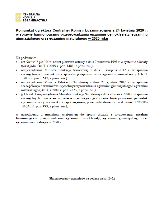 Komunikat dyrektora Centralnej Komisji Egzaminacyjnej ws egzaminu maturalnego